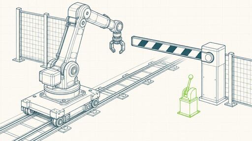 A wireframe drawing of a mechanical arm halted at a closed barrier gate, with a control lever picked out beside it.