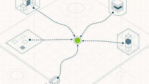 A wireframe drawing of several dotted journey lines converging on one solid node, with a broken chain link fading out at the edge.