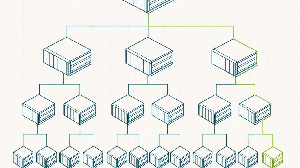 A wireframe drawing of a branching tree of nested ledger blocks descending in aligned tiers, one branch traced from root to leaf.