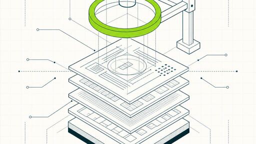 A wireframe drawing of a magnifier hovering over a stack of document plates, with measurement callout lines radiating outward.