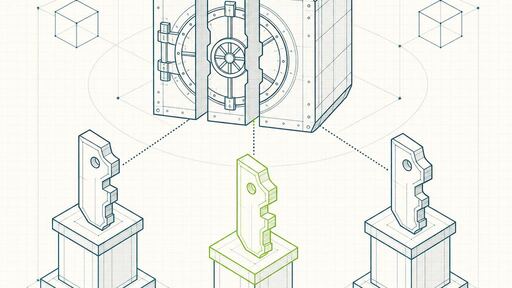 A wireframe drawing of a vault block split into three separated key shards held apart on pedestals and joined by dotted lines.