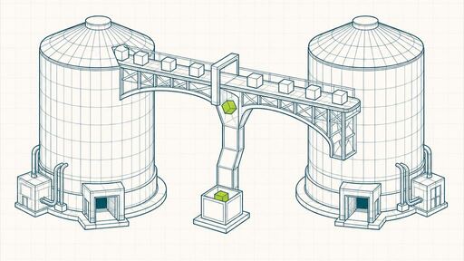A wireframe drawing of two silos joined by an arched conveyor bridge, with cubes travelling across and a sorting gate midway.