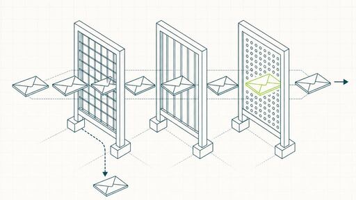 A wireframe drawing of envelopes travelling through three successive filter frames, one deflected downward and one passing through.
