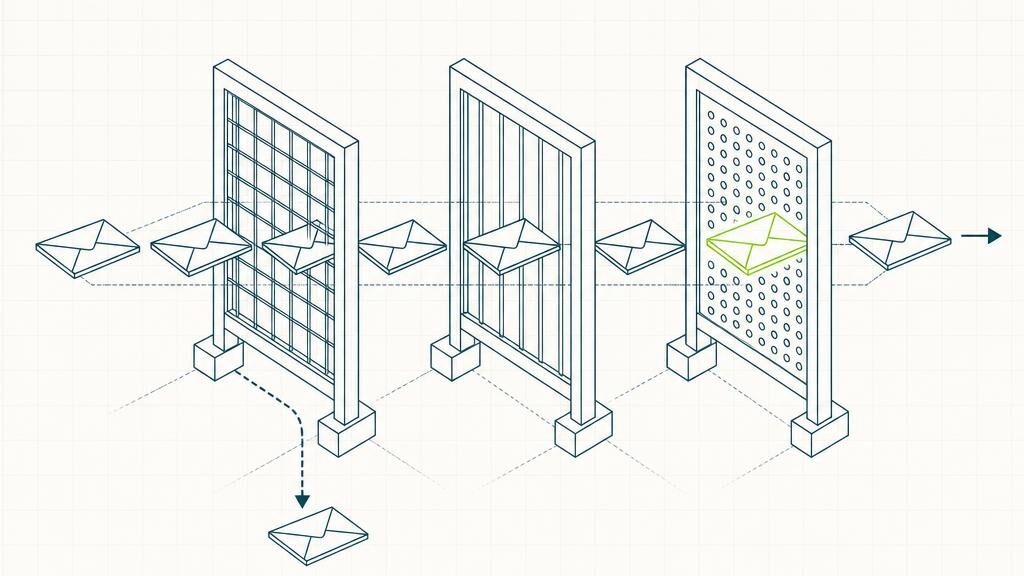 A wireframe drawing of envelopes travelling through three successive filter frames, one deflected downward and one passing through.