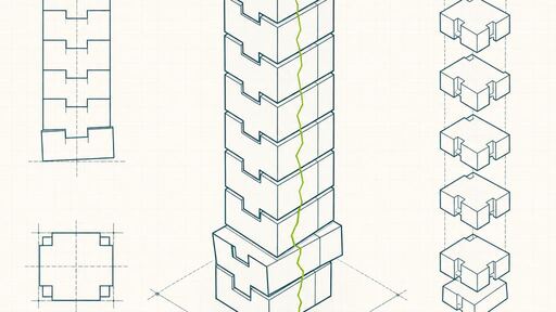A wireframe drawing of a tower of stacked blocks with one lower block misaligned and a hairline fracture running up through it.