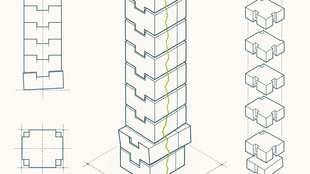 A wireframe drawing of a tower of stacked blocks with one lower block misaligned and a hairline fracture running up through it.