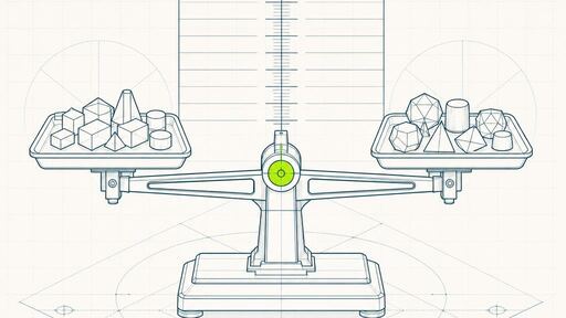 A wireframe drawing of a balance beam weighing two trays of small tokens against each other in front of a graduated scale.