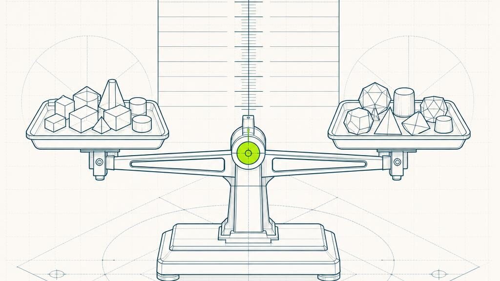 A wireframe drawing of a balance beam weighing two trays of small tokens against each other in front of a graduated scale.