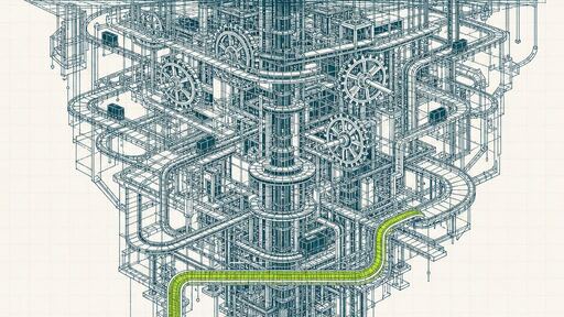 A wireframe cutaway showing a small visible tip above a horizon line and a far larger lattice of gears and conduits below it.