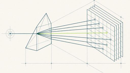 A wireframe drawing of a single beam entering a prism and separating into ordered parallel rays that land on stacked plates.