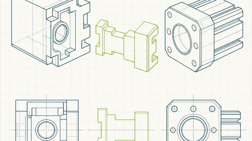A wireframe drawing of two blocks with incompatible mating profiles, bridged by a custom stepped adapter piece between them.