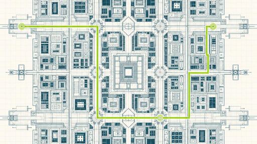 A wireframe plan of a dense grid of nested modules with clear arterial routes running through it, one route highlighted.