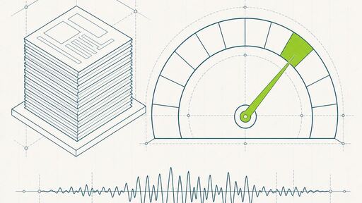 A wireframe drawing of a stack of page blocks beside an arc gauge with a needle, and a waveform trace running beneath.