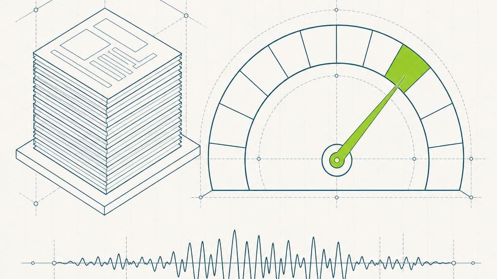 A wireframe drawing of a stack of page blocks beside an arc gauge with a needle, and a waveform trace running beneath.