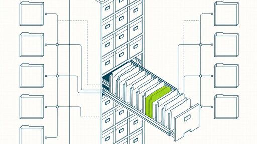 A wireframe drawing of a filing structure of indexed compartments with linked case folders pulled forward on rails.