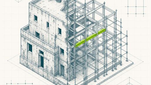 A wireframe drawing of a building half weathered solid mass and half fresh scaffold framework, with poles crossing the seam.