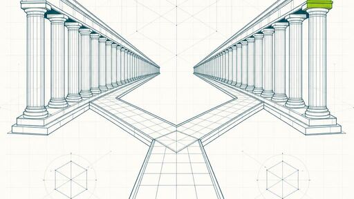 A wireframe drawing of a path arriving at a symmetrical fork that splits into two receding colonnades of equal weight.