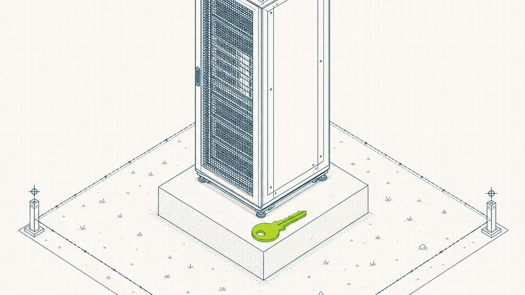 A wireframe drawing of a single server tower standing on a surveyed plot of ground, with a key resting on its plinth.