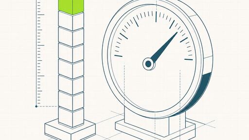 A wireframe drawing of a column of stacked cost blocks rising beside a dial meter with a fine tick scale up its side.