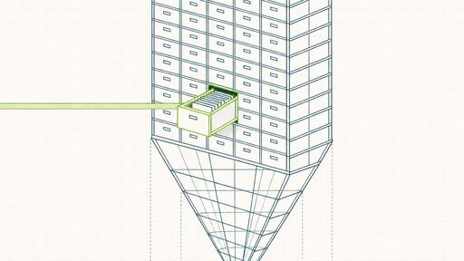 A wireframe drawing of a narrow beam entering an archive of stacked drawers, one drawer pulled open above a narrowing funnel.