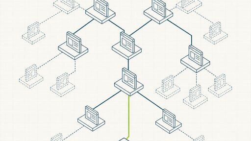 A wireframe drawing of a small crawler traversing a node-and-edge site tree, visited nodes solid and unvisited nodes dotted.