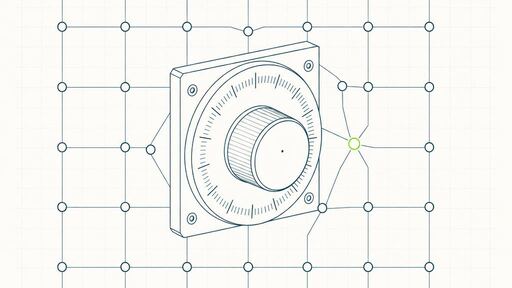 A wireframe drawing of a graduated calibration dial in front of a lattice of nodes, a few near the dial shifted out of line.