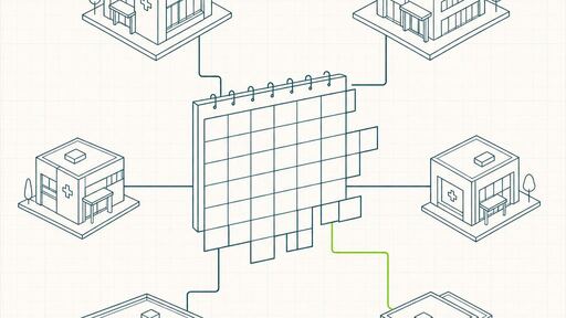 A wireframe drawing of a calendar grid overflowing its bounds, linked to several small clinic building forms around it.