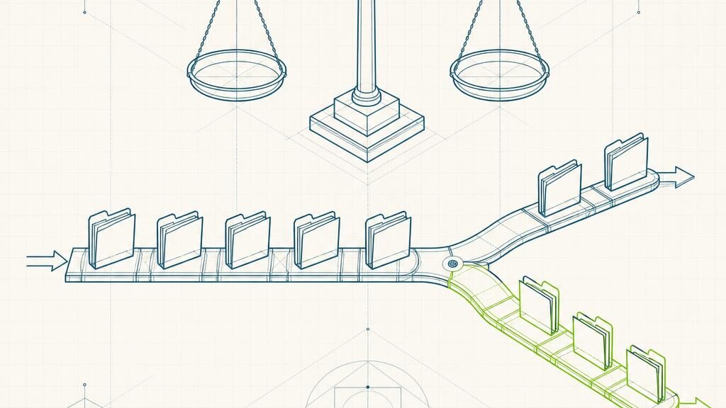 A wireframe drawing of a balance scale above linked case folders moving along a track that divides at branch points.