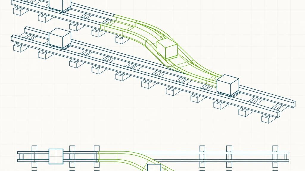 A wireframe drawing of two parallel ledger rails joined by a switch point carrying a travelling block across without a break.