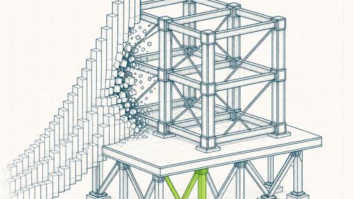 A wireframe drawing of a steep surge in a stepped column profile striking a reinforced frame held by load-bearing struts.