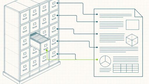 A wireframe drawing of a document plate with leader lines running back from its lines to specific drawers in an archive.