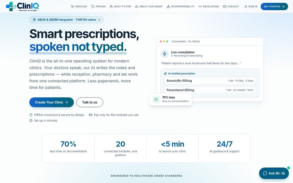 Screenshot of the CliniQ website